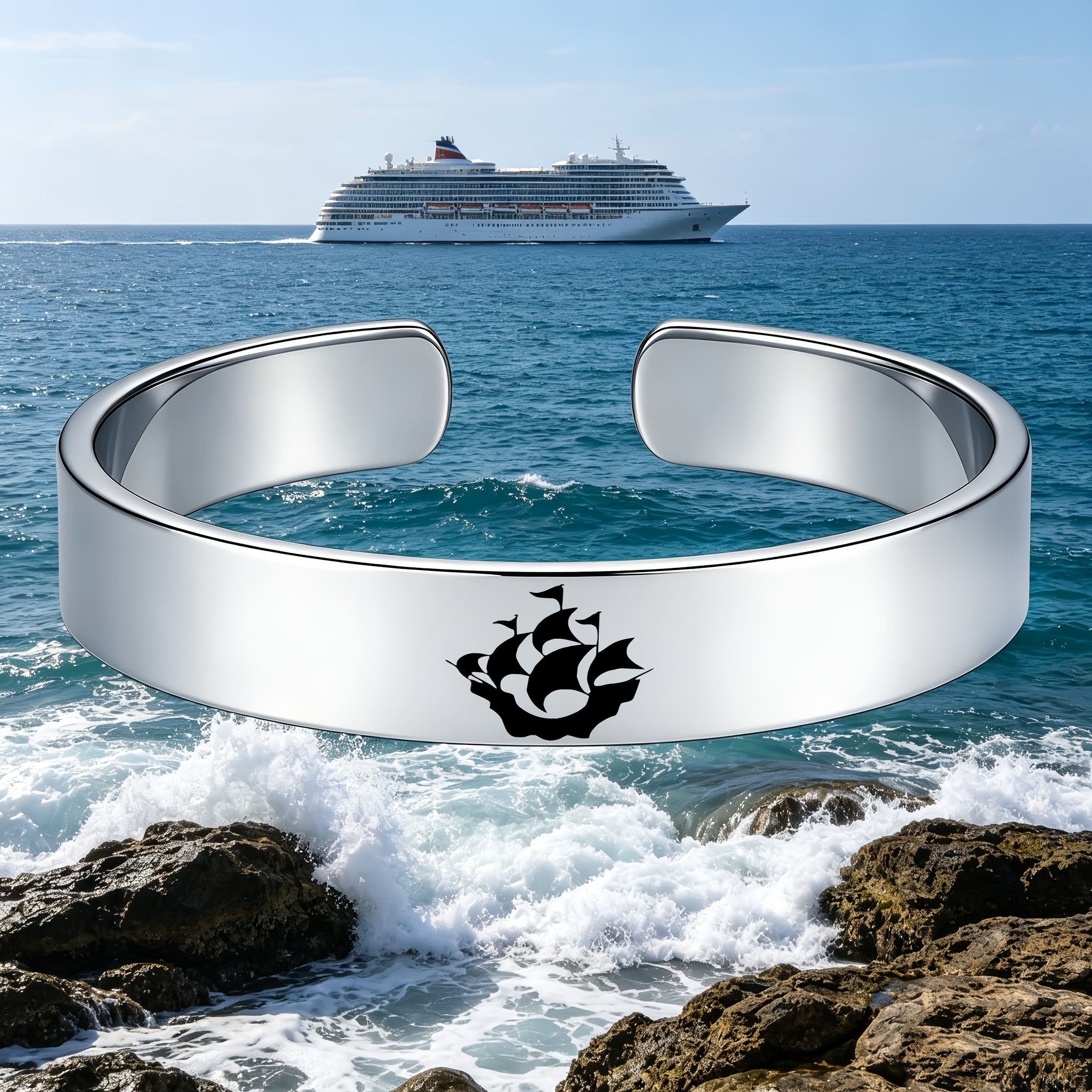 Vintage Nautical Classic Sailboat Stainless Steel Open Bangle